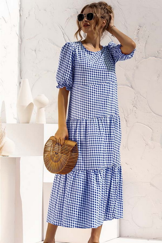 Blue Plaid Print Puff Sleeve Midi Dress