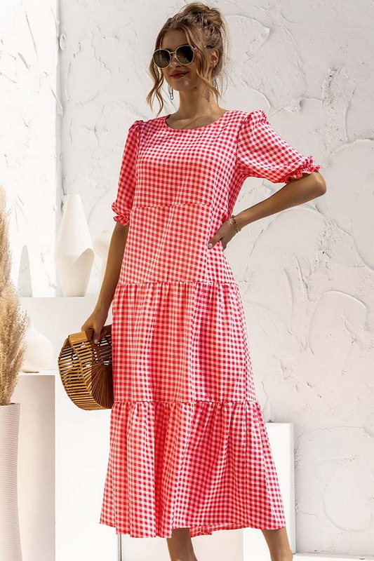 Red Plaid Print Puff Sleeve Midi Dress