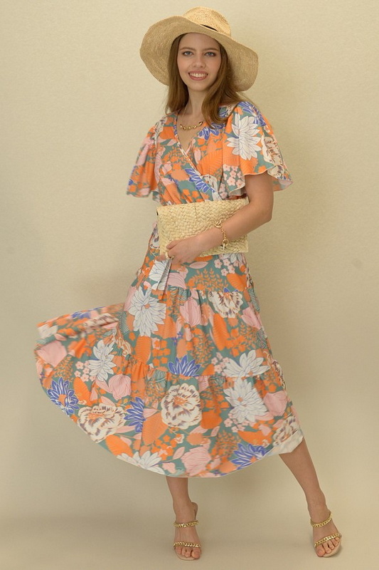 Teal Floral Ruffle Woven Midi Dress