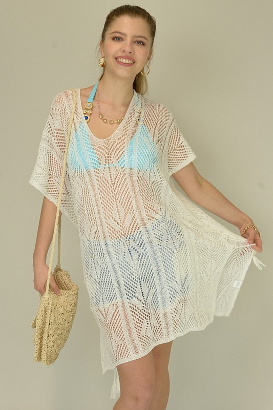 Ivory Split Tassel Knit Beach Cover Up