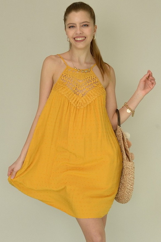 Golden Yellow Lace Polka Dot Woven Mini Dress