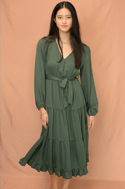 Reseda Green Long Sleeve Woven Midi Dress