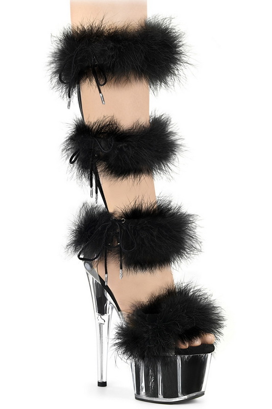 Black 7" Heel Fur Band Mid Calf Sandal