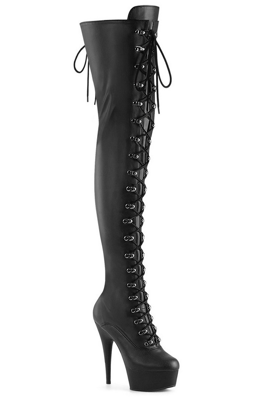 Black Faux Leather 6" Heel Lace Up Thigh High Boot