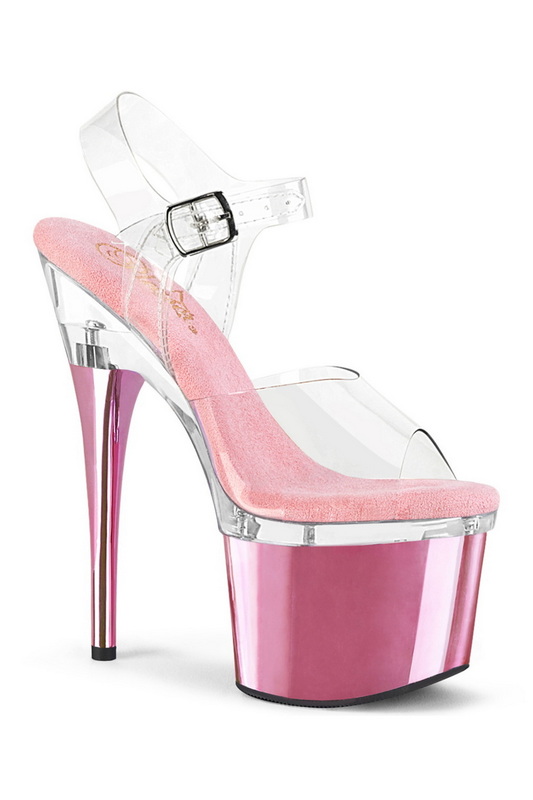 Clear & Baby Pink Chrome 7" Heel Platform Ankle Strap Sandal
