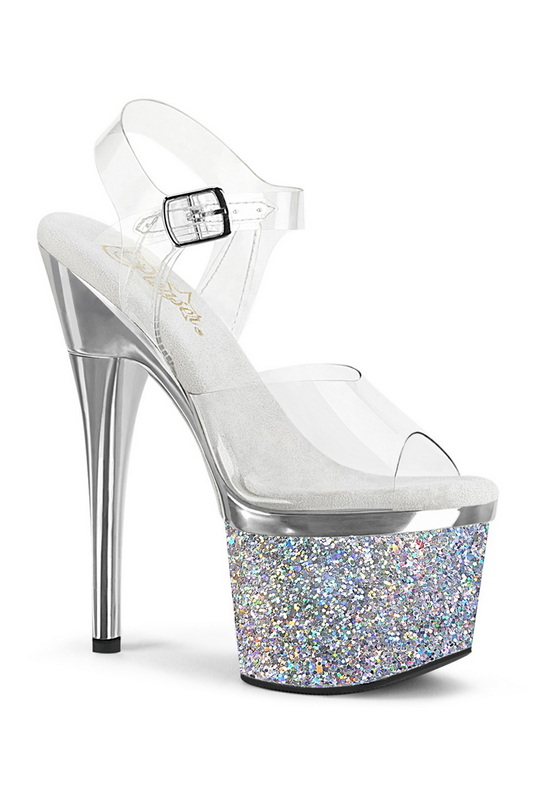 Clear & Silver Chrome 7" Heel & Glitter Platform Sandal