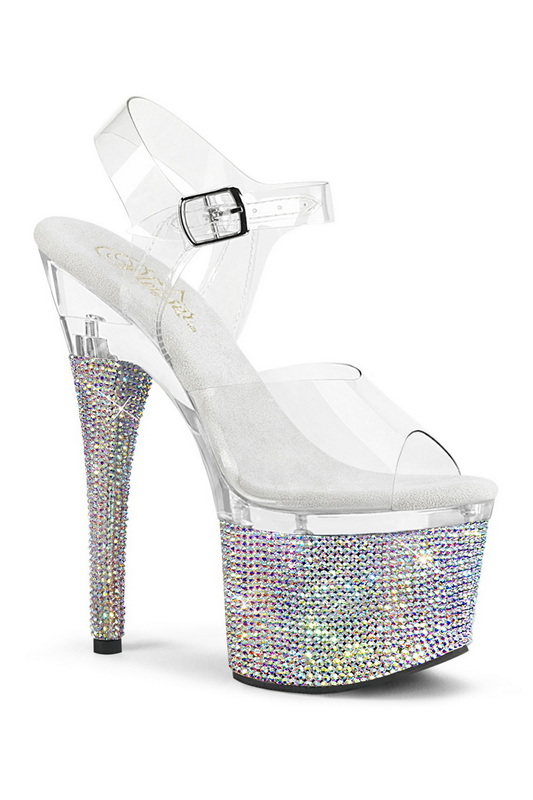 Clear 7" Heel Rhinestone Platform Ankle Strap Sandal