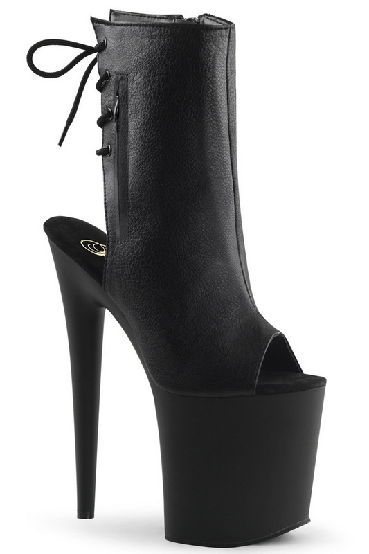 Black Faux Leather 8" Peep Toe Ankle Bootie