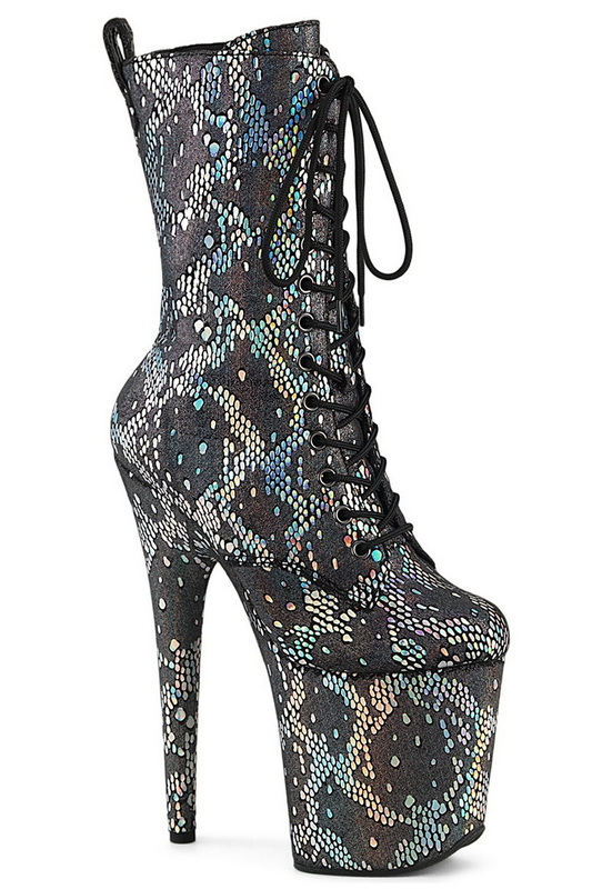 8" Heel Silver Snakeskin Lace Up Ankle Boot