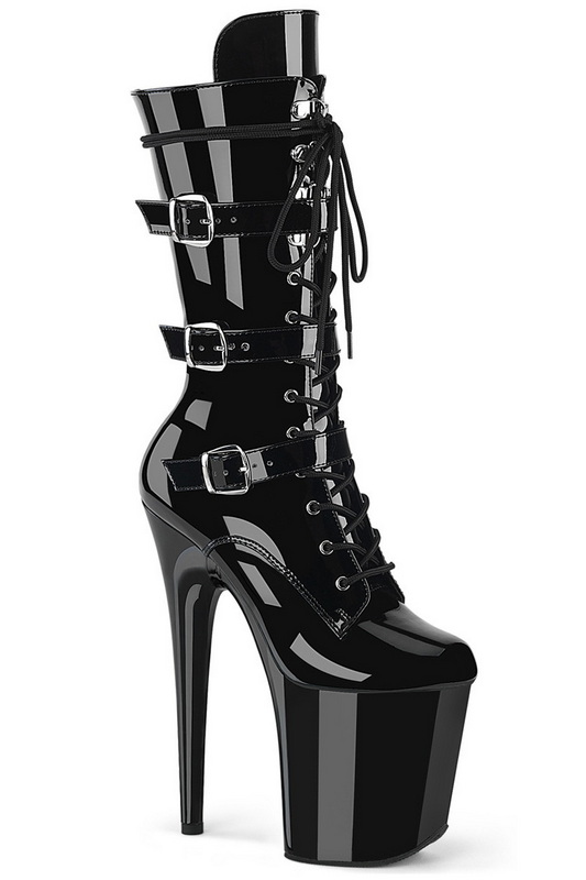 Black Patent 8" Triple Buckle Mid Calf Boot