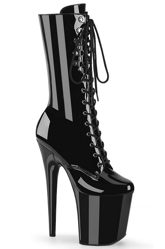 Black Patent 8" Lace Up Mid Calf Boot