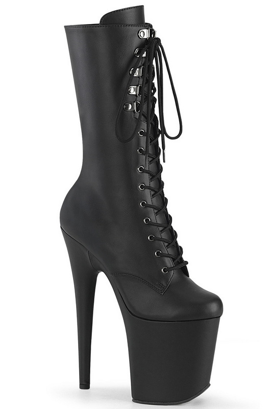 Black Faux Leather 8" Lace Up Mid Calf Boot