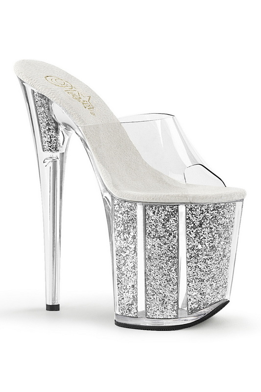 Clear 8" Heel & Silver Glitter Platform Slide