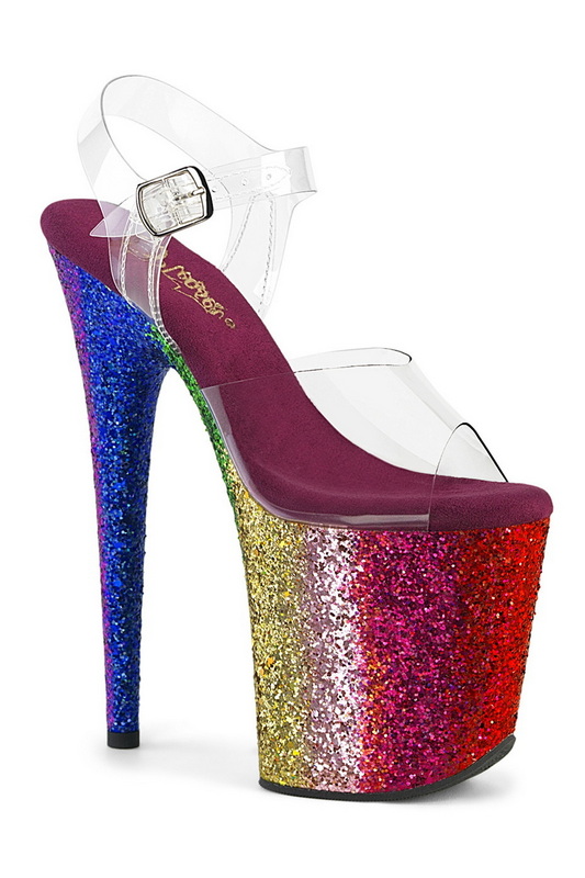 Clear & Rainbow Glitter 8" Ankle Strap Sandal