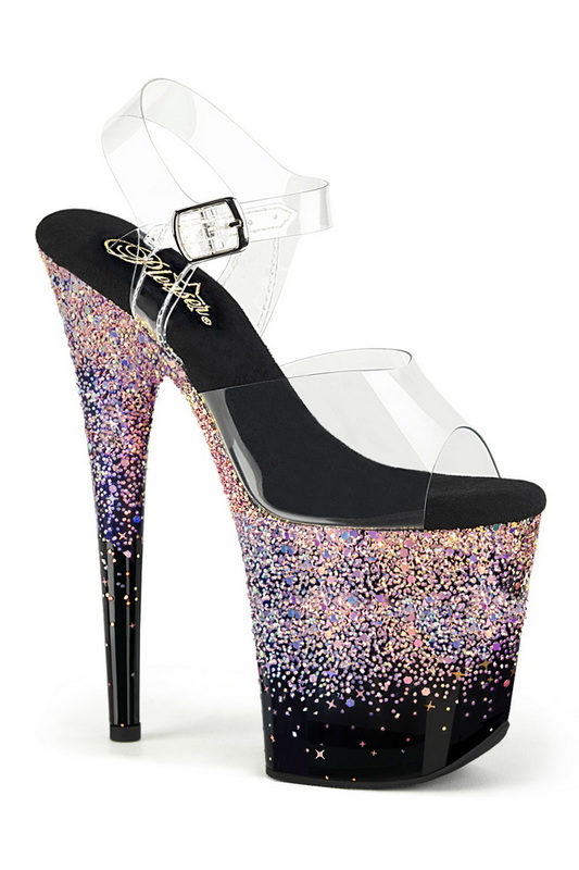 8" Heel Black & Dusty Blush Multi Glitter Ankle Strap Sandals