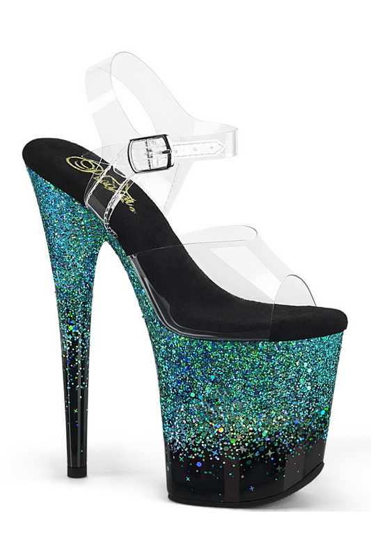 8" Heel Black & Turquoise Multi Glitter Ankle Strap Sandals