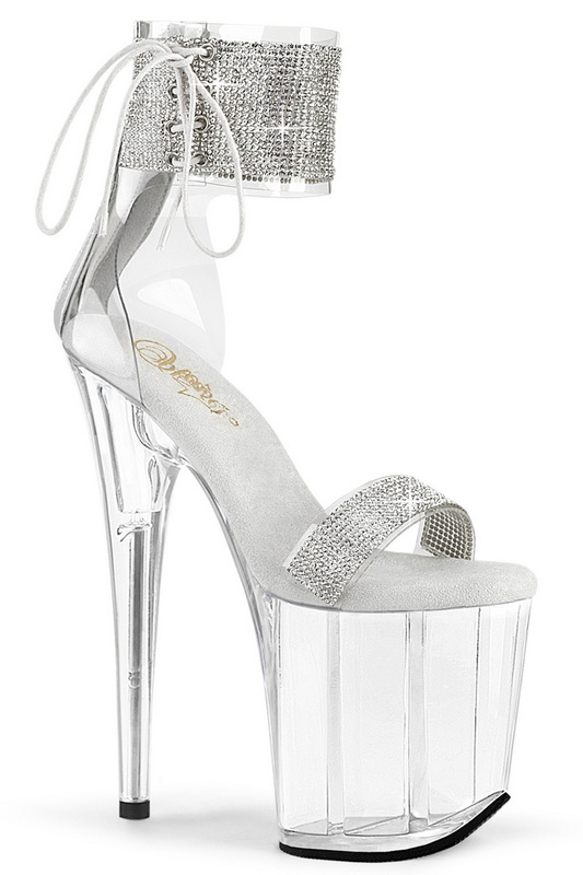 Clear & Silver 8" Rhinestone Lace up Ankle Strap Sandal