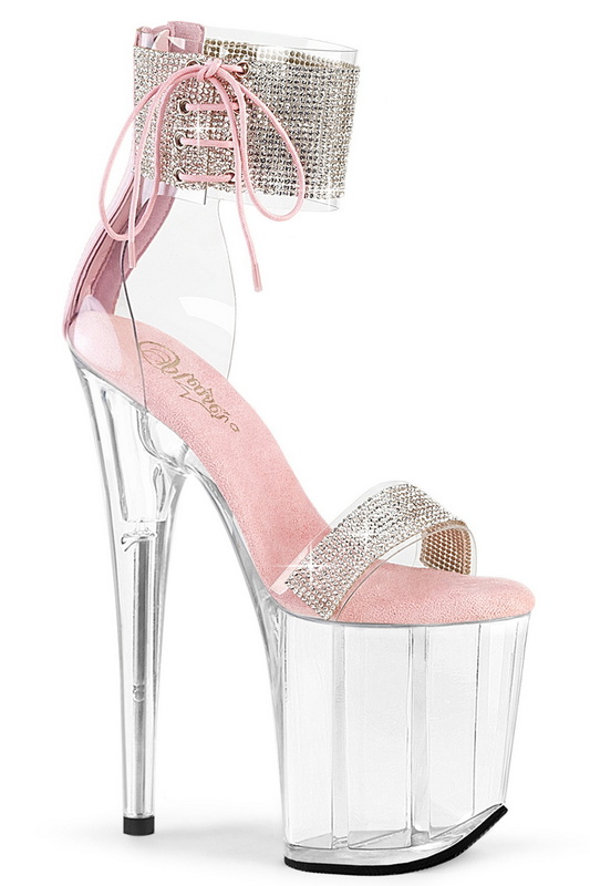 Clear & Baby Pink 8" Rhinestone Lace up Ankle Strap Sandal