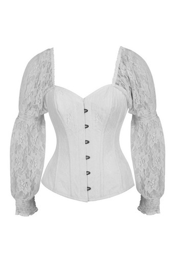 White Sheer Lace Steel Boned Corset with Ruffle Cap Sleeves