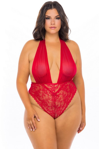 Plus Size Red Mesh Plunge Halter Lingerie Teddy Spicy Lingerie