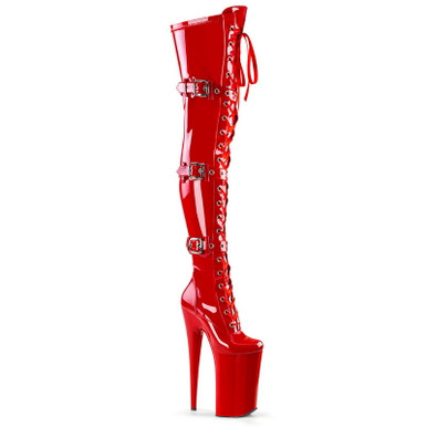 10" Heel Red Stretch Patent Thigh High Boots