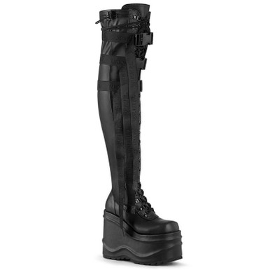6" Wedge Platform Black Vegan Leather Stretch Thigh High Boots
