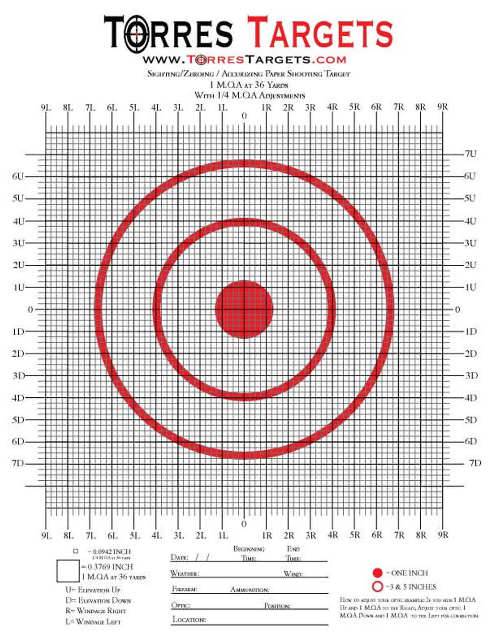 50 Yard MOA Paper Shooting Target With 1/4 MOA Adjustments 8.5x11 inches