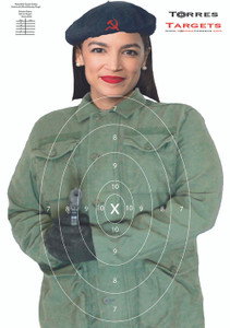A paper shooting target of Alexandria Ocasio-Cortez (AOC) aiming a pistol while dressed as a communist revolutionary. A paper shooting target of Alexandria Ocasio-Cortez (AOC) aiming a pistol while dressed as a communist revolutionary.
