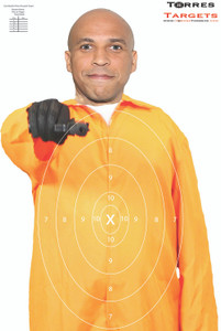 A paper shooting target of Cory Booker dressed as a Prison Escapee holding a pistol. A paper shooting target of Cory Booker dressed as a Prison Escapee holding a pistol.