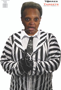Lori Lightfoot pointing a gun dressed in a white stripped suit. Paper Shooting Target Lori Lightfoot pointing a gun dressed in a white stripped suit. Paper Shooting Target