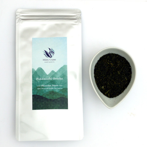 Premium Grade Fukamushi-Sencha by Misty Crane with leaves
