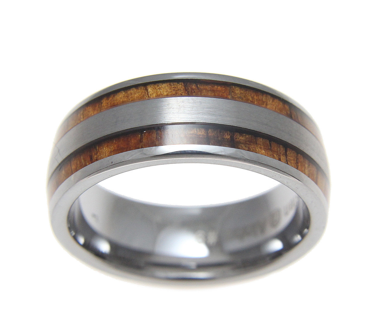 Vermilion Domed Tungsten Wedding Band with Hawaiian Koa Wood Inlay
