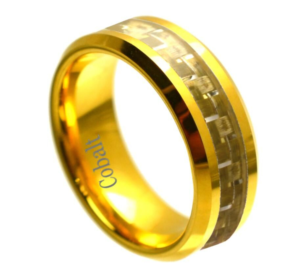 Guys Wedding Rings Yellow Gold Tungsten + Black Carbon Fiber