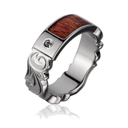 Enigma Diamond Center Titanium Wedding Band With Real Koa Wood Inlay