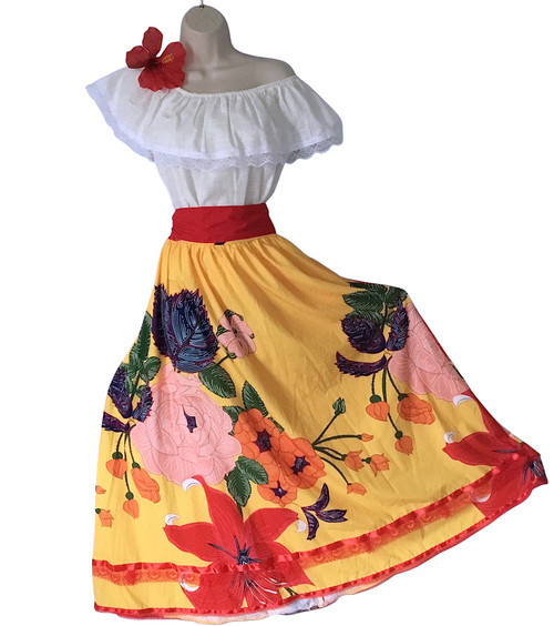 4‑piece Jíbara floral set for women: Skirt waist stretches 32"–42", length 38". Blouse bust 43". Includes red waistband and red Amapola flower.