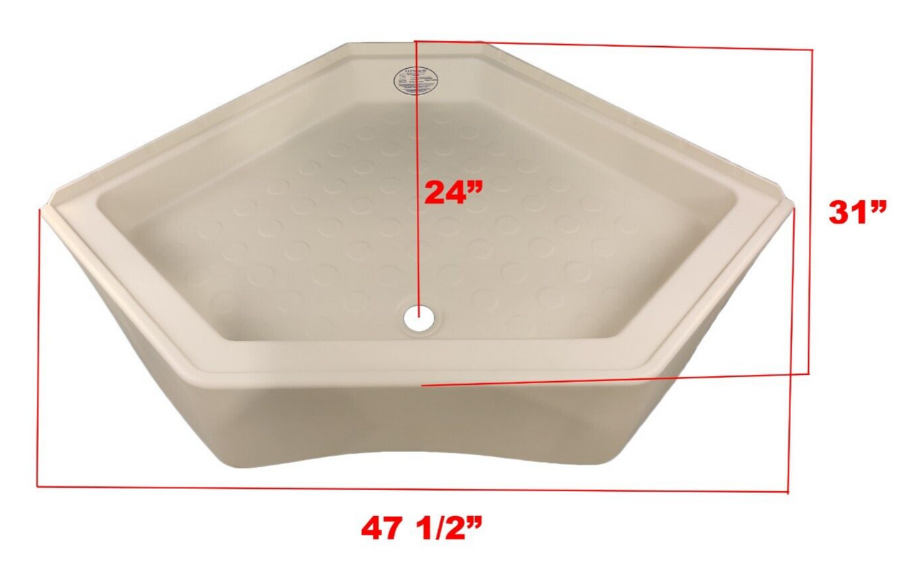 RV Corner Shower Pan Base 34" Parchment Center Drain Camper Wash Bath Room