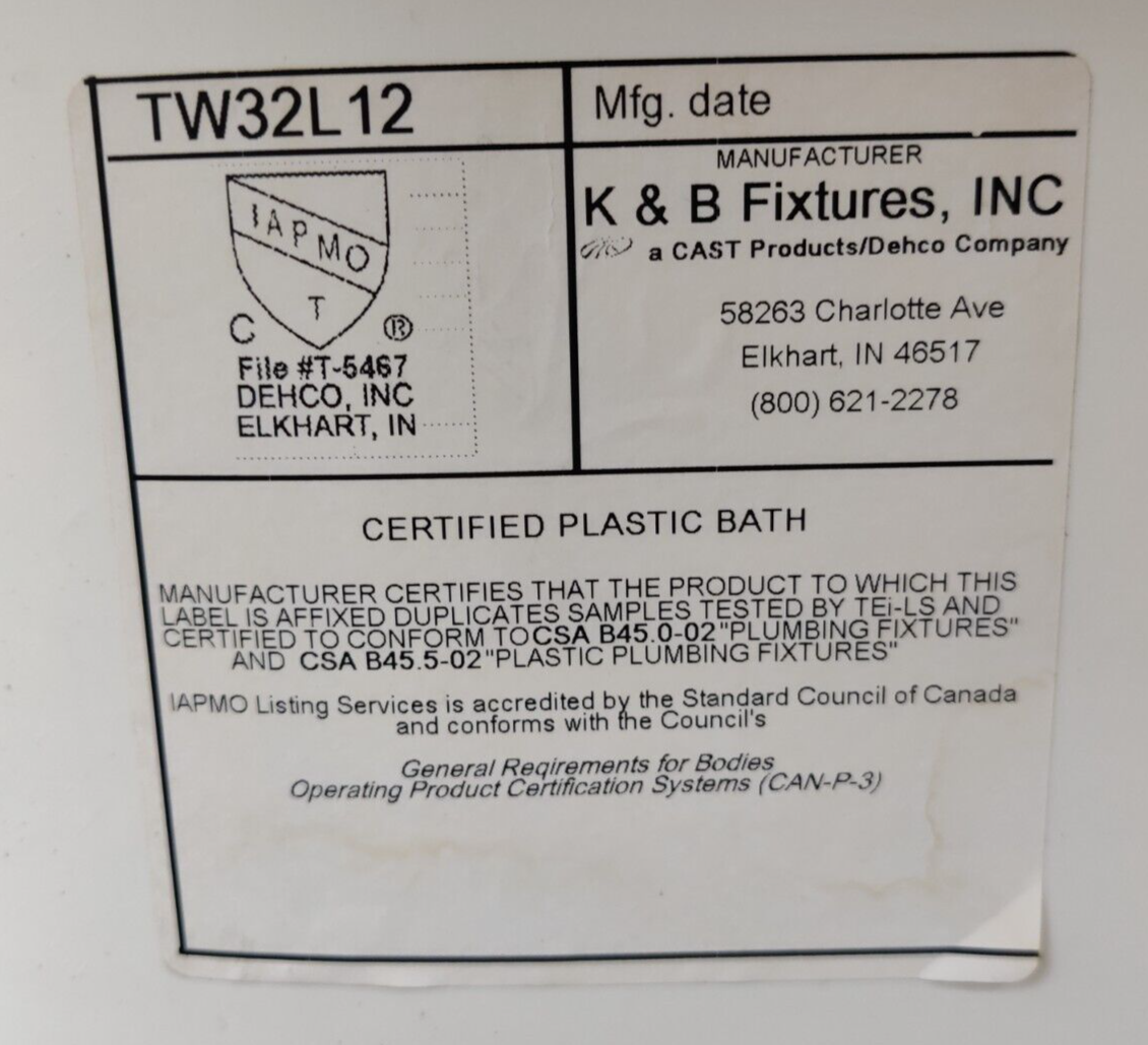 RV Bath Tub 32" x 24" White Left Drain Trailer Camper Wash Bath Room Shower