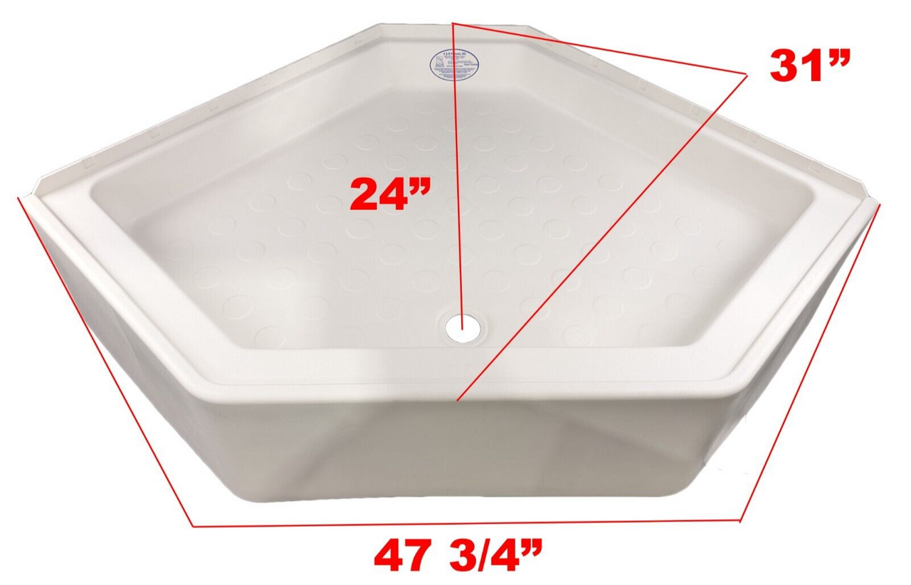 RV Corner Shower Pan Base 34" White Center Drain Camper Wash Bath Room Neo Angle