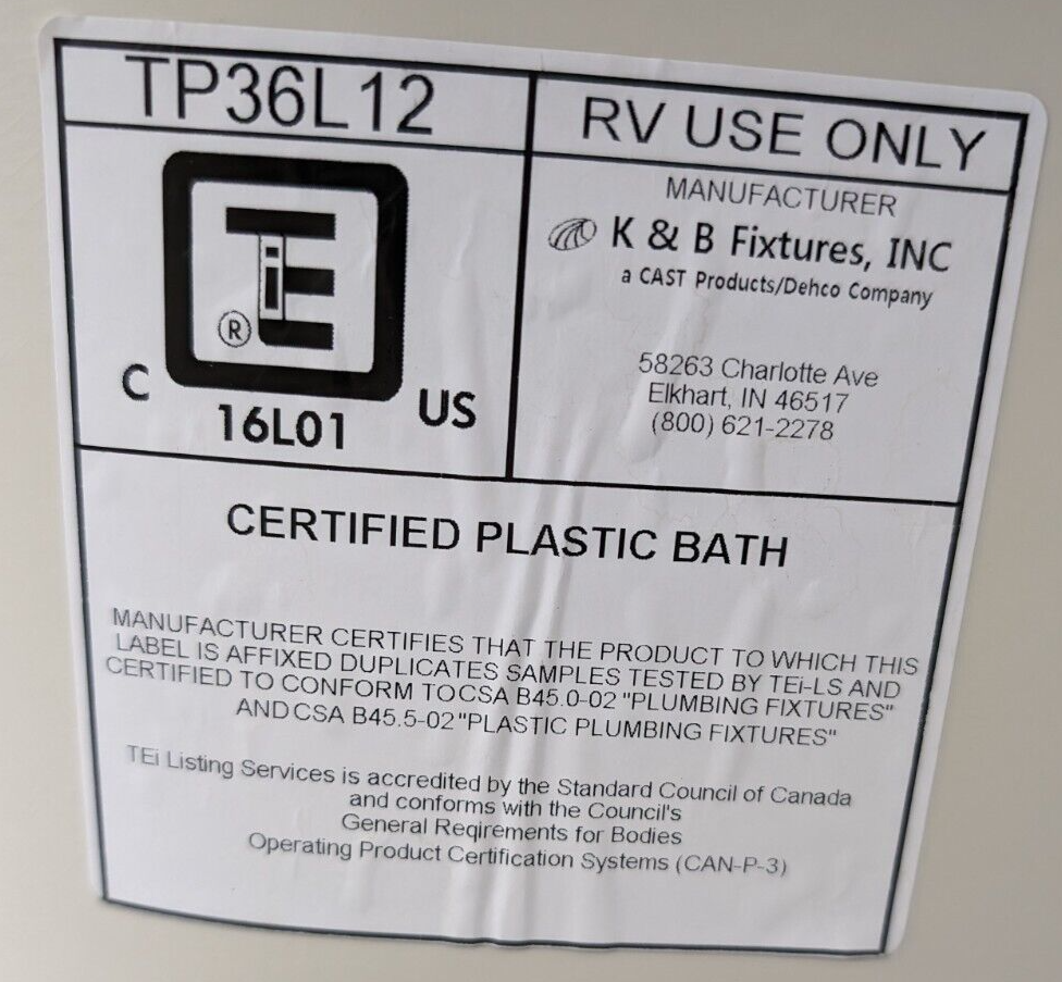 RV Bath Tub 36" x 24" Parchment Left Drain Trailer Camper Wash Bath Room Shower