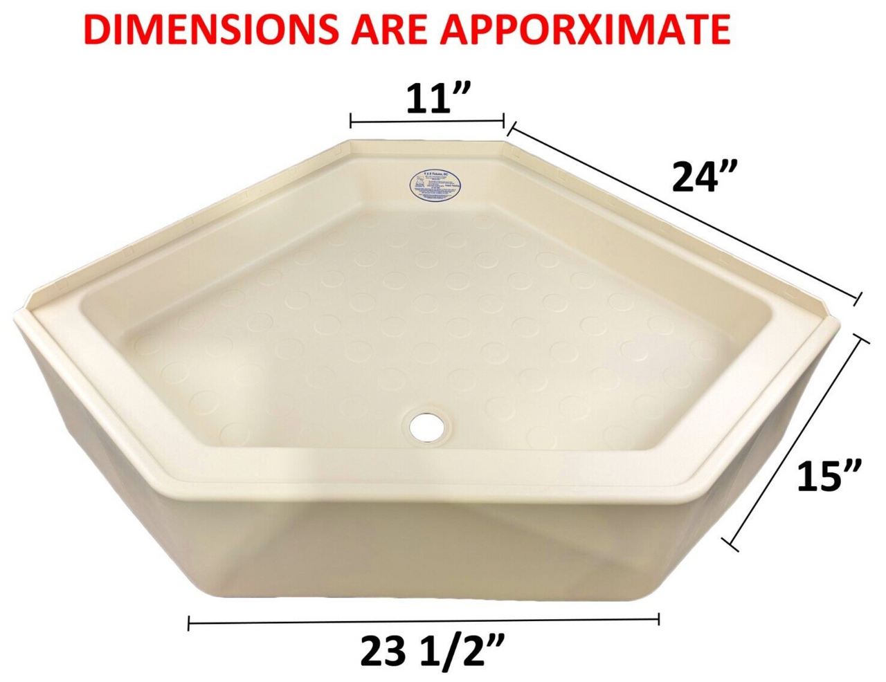 RV Corner Shower Pan Base 32 x 32 x 11 Parchment Center Drain Camper Bath Room