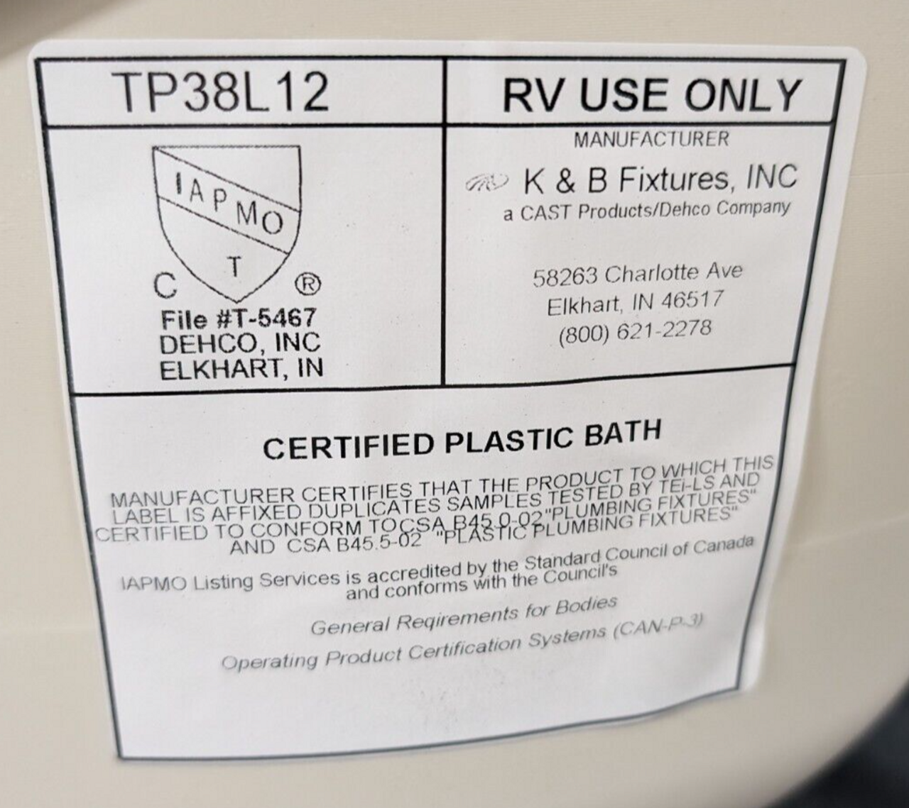 RV Bath Tub 38" x 24" Parchment Left Drain Trailer Camper Wash Bath Room Shower