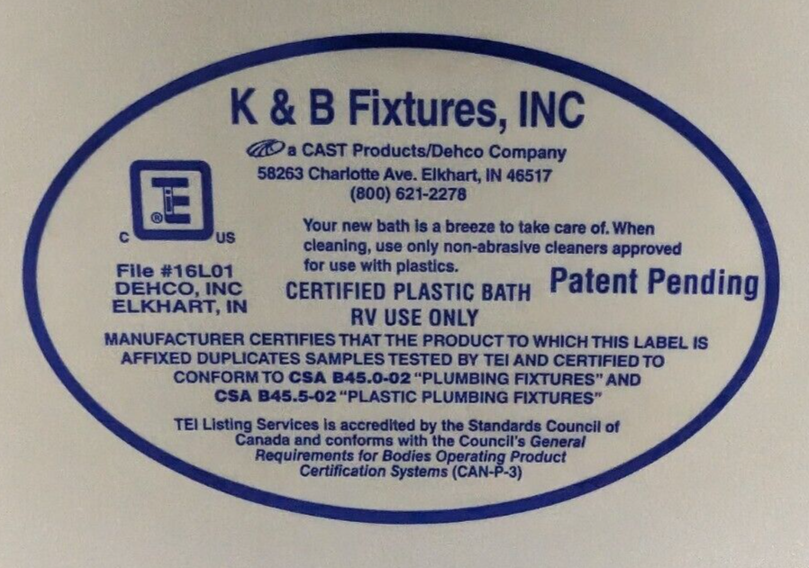 RV Bath Tub 40" x 24" Parchment Right Drain Trailer Camper Wash Bath Room Shower