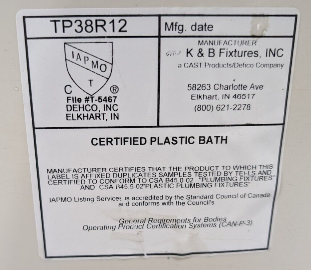 RV Bath Tub 38" x 24" Parchment Right Drain Trailer Camper Wash Bath Room Shower