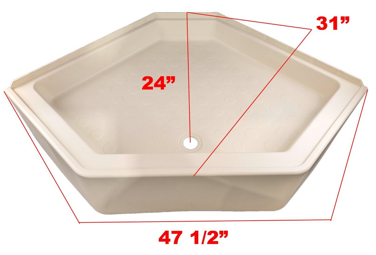RV Corner Shower Pan Base 34" Parchment Center Drain Camper Wash  Bath Yellowed