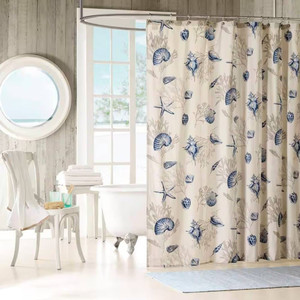 72-in Khaki Beige Cotton Shower Curtain Navy Blue Seashells Coral Coastal Beach Q280-NTBPSC33914587