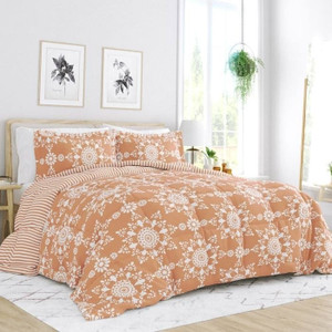 Twin 2 Piece Clay and White Reversible Daisy Medallion Striped Comforter Set Q280-TWCL4299