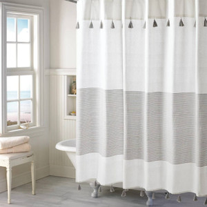 72-inch Grey and White Stripes Cotton Shower Curtain with Tassels Q280-GPSC24541836952