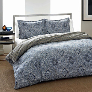 King 3-Piece Cotton Comforter Set with Blue Grey Damask Pattern Q280-CSMBC83691