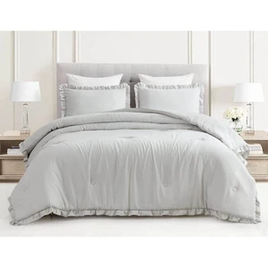 Queen Oversized Grey Ruffled Edge Microfiber Comforter Set Q280-LGQU6499