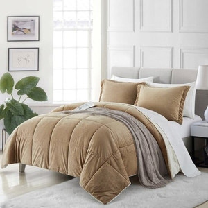 Queen Plush Microfiber Reversible Comforter Set in Gold Q280-GOQU9024